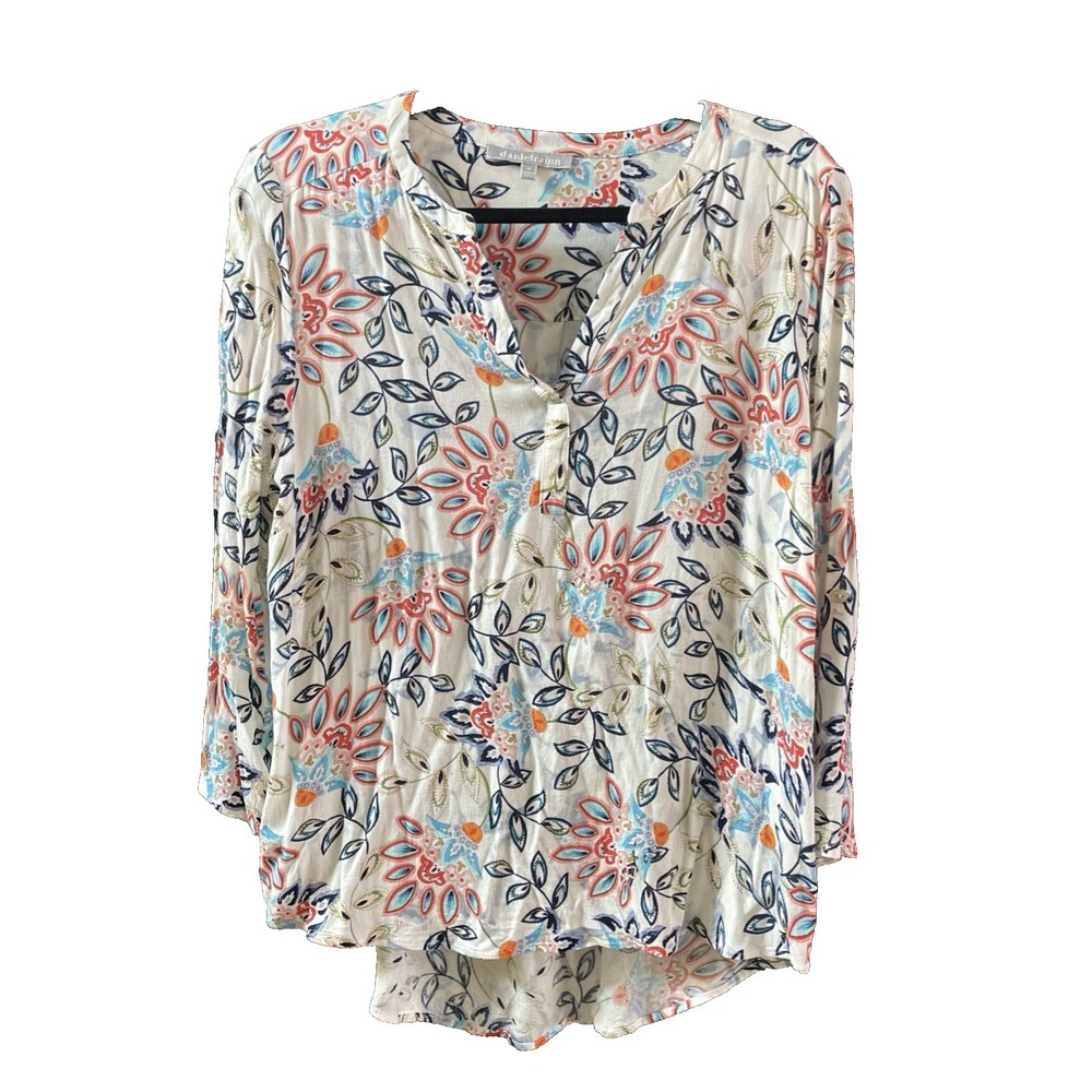 Daniel Rainn Top Womens Sz M Floral Print Off White Rayon Koda Split Neck Shirt‎